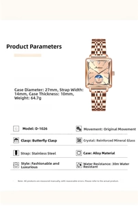 Detailed specs of square rose gold women's watch with 27mm case and steel bracelet