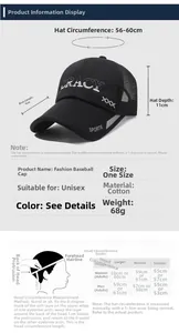 Guide des tailles détaillé pour casquette de sport en maille noire avec mesures du tour
