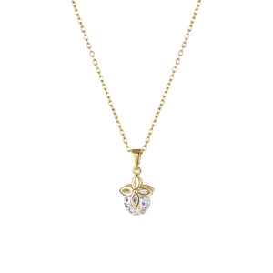 Golden stainless steel four-leaf clover necklace with sparkling round zircon crystal