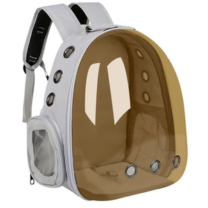Gray pet carrier backpack with amber transparent space capsule window and side air holes