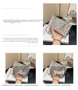 Silver textured acrylic evening clutch bag with detachable chain strap and dimensions detail