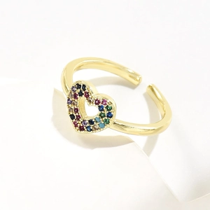 Minimalist 18K gold plated heart ring with colorful rainbow cubic zirconia stones
