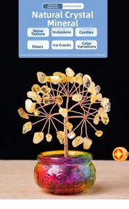 Macro detail of citrine money tree with copper wire branches and colorful glass basin