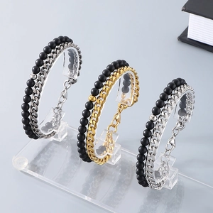 Men's double-layer bracelet with black agate beads and Cuban link chain in silver and gold