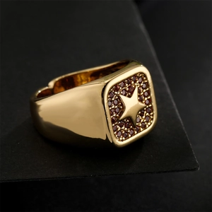 Punk style 18K gold plated square signet ring with red zircon star detail for men