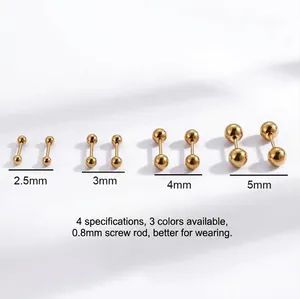 Golden titanium steel barbell stud earrings with round spheres in four size diameters
