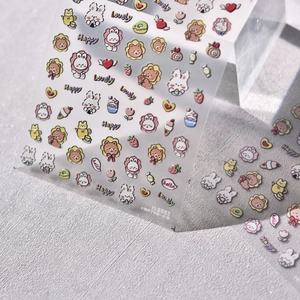 Detail of 5D embossed nail stickers featuring cute bears and afternoon tea motifs