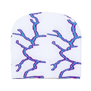 Detailed close-up of white knit beanie featuring vibrant blue and purple lightning patterns