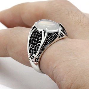 Vintage oval white agate ring with black stones and engraved retro silver band for men