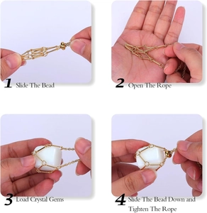 Step-by-step tutorial for inserting a crystal stone into the gold mesh pouch necklace