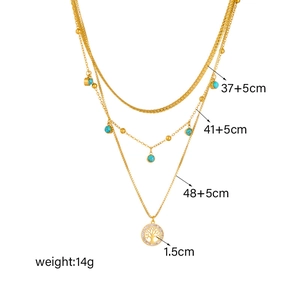 Collier multicouche doré arbre de vie avec perles turquoise et chaînes réglables