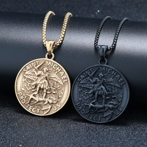 Saint Michael Archangel necklace in gold and black finish with engraved protection text