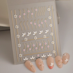 Detailed 5D embossed nail art stickers with gold lines and white daisies Co-276