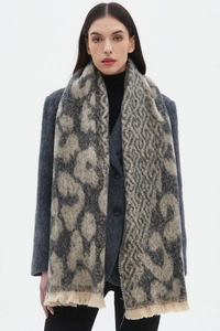Detail of grey leopard print shawl with short fringe trim and soft woven texture
