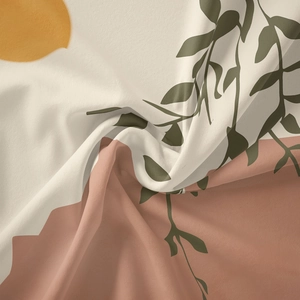 Vue détaillée du tissu tissé doux avec des motifs botaniques et géométriques morandi