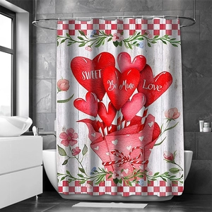 Detail of waterproof Valentine shower curtain featuring red hearts and Sweet Love text
