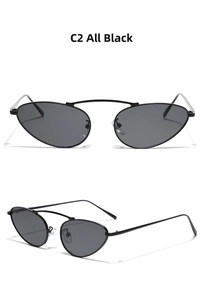 Detailed close-up of slim black metal frame and temple of cat eye pointed sunglasses
