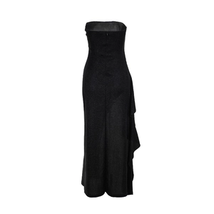 Detailed back view of a black strapless evening dress with shimmering fabric and hidden zipper
