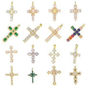Religious Cross Pendant Copper Inlaid Colorful Zircon Retro Hip Hop Style DIY Jewelry Making Accessory For Necklace