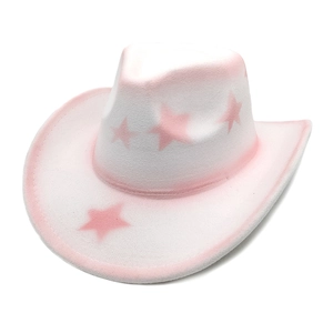 Pink and white wool felt cowboy hat with star pattern and wide brim for fashion styling