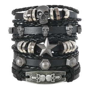 Punk Men Leather Bracelet Collection Handmade Woven Skull Star Alloy Charms Retro Gothic Rock Jewelry Adjustable Wristband