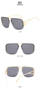 Three-view layout of retro square pilot sunglasses with gold metal frame and grey lenses