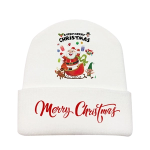 Detailed close-up of white knitted Christmas beanie with festive cartoon print and text