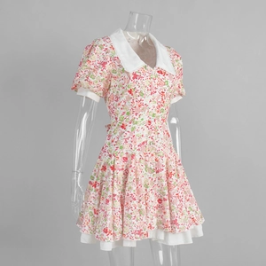 Detail of floral puff sleeve dress showing Peter Pan collar and button-up front