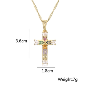 Detailed view of 18K gold plated cross pendant with colorful zircons and size dimensions