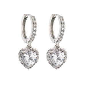 Silver-plated heart-shaped hoop earrings featuring micro-pave cubic zirconia and crystal