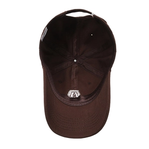 Bottom view of brown cotton baseball cap showing internal structure and adjustable strap