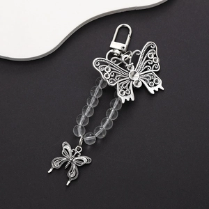 Silver butterfly keychain with crystal beads and metal pendant for DIY accessories