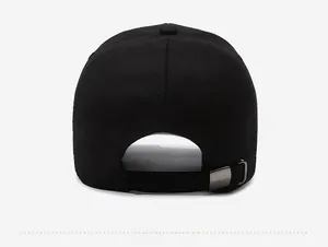 Rear view of black twill cotton baseball cap showing stitching and adjustable metal buckle