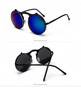 Detailed 90 and 180 degree view of vintage steampunk flip-up sunglasses with blue lenses