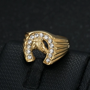 Hip hop gold plated stainless steel horseshoe and horse head ring with sparkling crystals