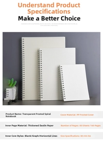 Detail view of frosted PP cover notebooks in B5, A5, and A6 sizes with spiral binding