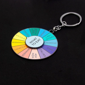 Close-up of a rotating wheel keychain for daily food decisions in multi-colored alloy