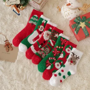 6-pack Christmas coral fleece socks with holiday patterns on plush background