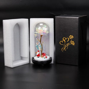 LED Christmas glass dome with rainbow rose, Santa figure, and black gift box packaging