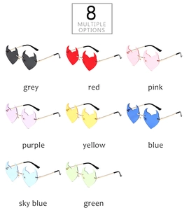 Detailed grid of frameless devil horn sunglasses in eight vibrant colors with metal legs