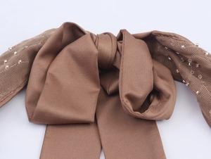 Detailed close-up of brown bow accessory with sheer mesh panels and fine beadwork