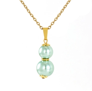 Close-up of a mint green gourd-shaped pearl pendant on a gold-plated 18k necklace