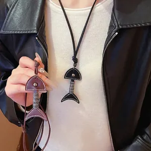 Vintage leather fishbone pendant necklace in black and brown styles for women