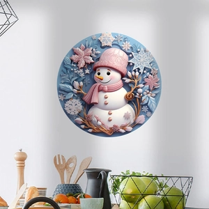 3D embossed Christmas snowman wall sticker with pink hat and snowflakes for home decor