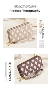 Detail of woven texture wallets with double zippers and detachable wrist straps