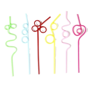 Set of six creative colorful PET crystal drinking straws with unique spiral and heart shapes
