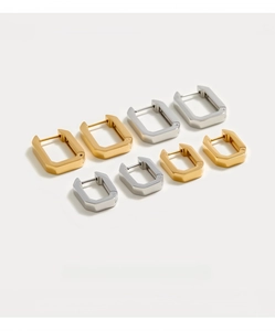 U-shaped rectangular huggie hoop earrings in gold and silver showing two sizes