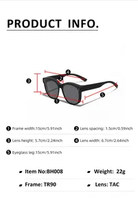 Size chart showing TR90 frame width 15cm and TAC lens dimensions for square sunglasses