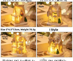 Detailed views of miniature LED Christmas houses with snowy resin textures and festive decor