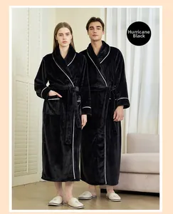 Classic hurricane black flannel long bathrobe with white piping detail for couples